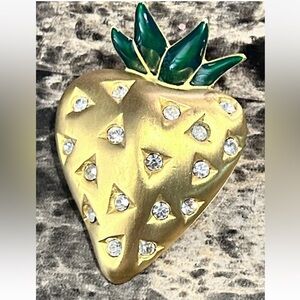 Vintage SIGNED GIVENCHY Sparkly Rhinestone Gold Enamel Strawberry Brooch Pin